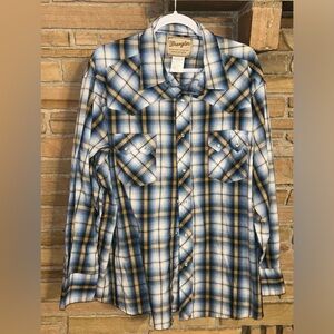 Wrangler blue plaid breathable‎ convertible long sleeve pearl snap mens size 2XL